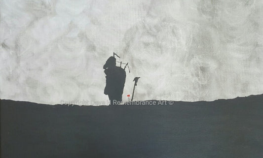 Dave H Remembrance Art painting 'Pipers' Vigil' depicts a lone piper playing at the battlefield cross grave marker of a fallen comrade.
