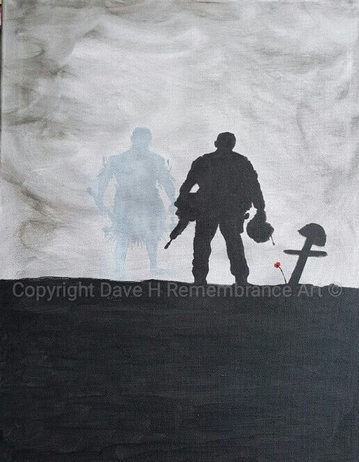 Original Dave H Remembrance Art painting depicting a Fijian soldier at the grave of a fallen comrade with a Fijian spirit behind. Fijian, Warrior Spirit.