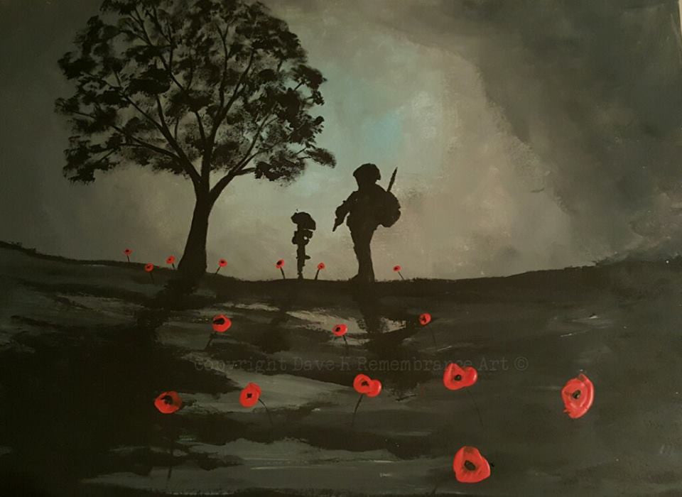 Dave H Remembrance Art painting Evening Sorrow soldier battlefield cross