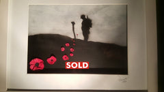an original acrylic and enamel painting on board by up- -and-coming UK artist Dave H, who is fast becoming known for his remembrance themed artwork, depicting a lone soldier stood head bowed at the grave of a fallen comrade with a line of poppies emanating from the grave.