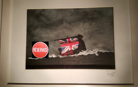 an original acrylic and enamel painting on board by up- -and-coming UK artist Dave H, who is fast becoming known for his remembrance themed artwork, depicting a viking longboat with a Union Jack sail.