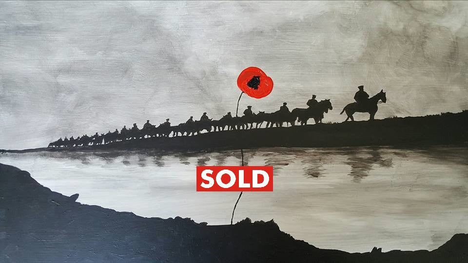 original painting by Dave H, best known for his Remembrance themed art. 'Mule Train' depicts a line of mules moving between the rear and front lines, carring equipment and supplies to the troops.