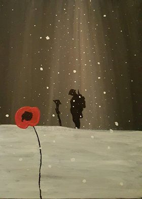 Dave H Remembrance Art painting 'Sorrow in the snow' depicts a lone soldier standing, head bowed, at the battlefield cross grave marker of a fallen comrade.