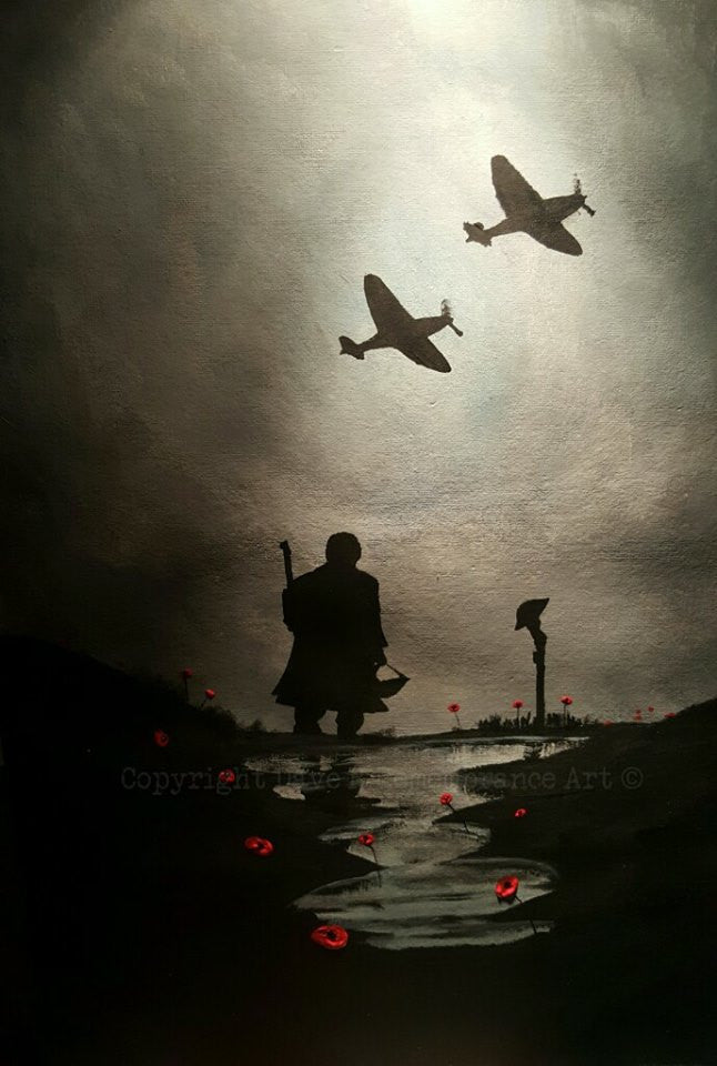 'Spitfires overhead' is a painting by Dave H which depicts a lone airman paying his respects at the battlefield cross grave marker of a fallen comrade while 2 Spitfires pass by above.