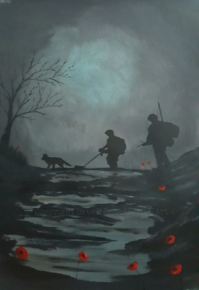 'Walking the dog' is a painting by Dave H which depicts the figure of a serviceman standing at the battlefield cross grave marker of a fallen comrade.